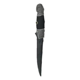 Uma renderização 3D detalhada de uma adaga ornamentada com lâmina escura, arabescos prateados no punho e uma pedra verde proe
