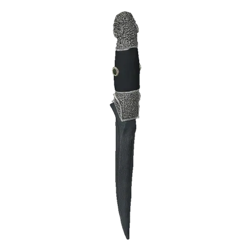 A detailed 3D render of an ornate dagger with a dark blade, silver scrollwork on the hilt, and a prominent green gemstone.