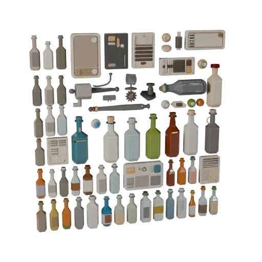 Urban Bottle Group Low Poly 3D model, game viewport three-quarter view, showing paper-like cards, small readable forms.
