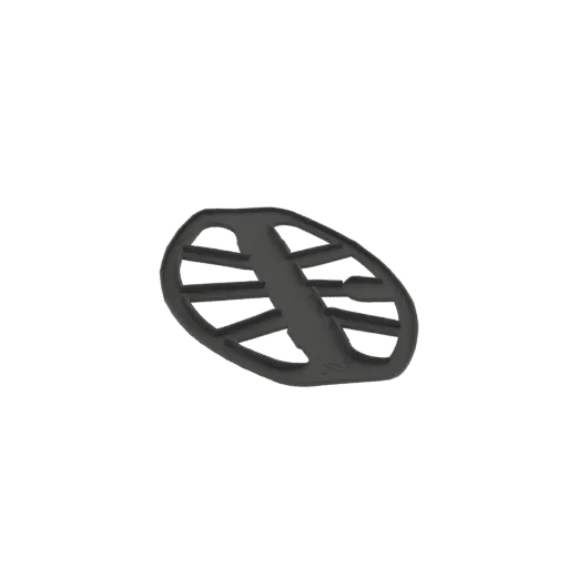 3D model of a black metal detector coil with an open-frame elliptical design, presented on a white background.