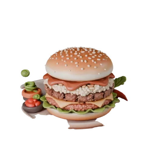 Gourmet Burger Meal Realistic 3D model, three-quarter studio render, showing sauces, plated composition.