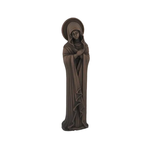 3D model of a sorrowful Virgin Mary statue with a halo, hands crossed, wearing a hooded robe.