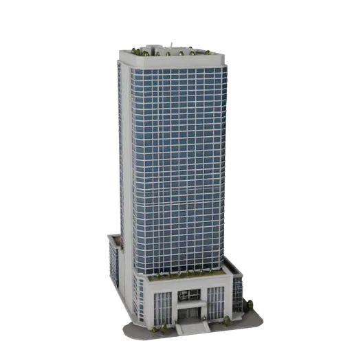 Office Tower low poly 3D model, game-ready exterior view, showing commercial office building materials and architectural detail