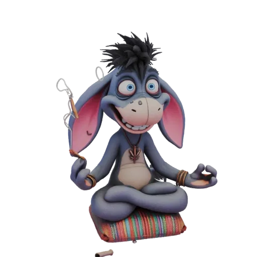 3D model of Eeyore sitting in a meditative lotus pose on a colorful cushion, holding a pipe, with a punk-rock hairstyle.