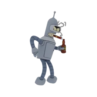 Modello 3D di Bender Rodriguez da Futurama, un robot grigio con un sigaro in bocca e una bottiglia di birra in mano, su sfond
