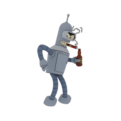 3D model of Bender Rodriguez from Futurama, a gray robot with a cigar in his mouth and a beer bottle in his hand, against a w