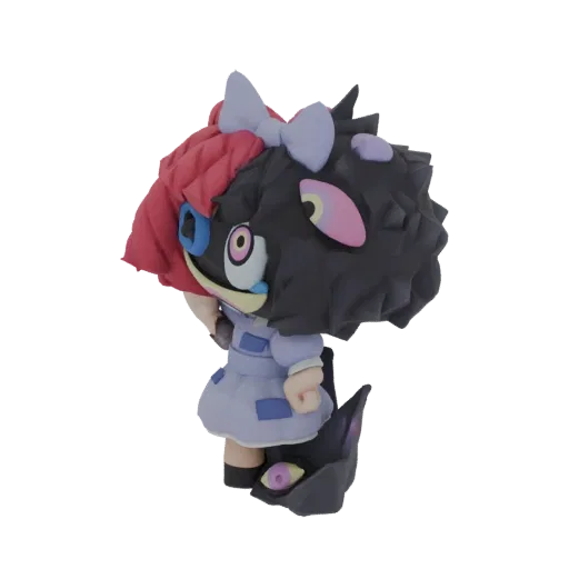3D model of a doll with split red and black hair, one blue eye and one large pink/yellow eye, wearing a blue dress, on a dark base with an eye motif.