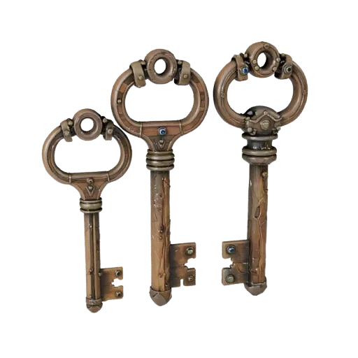 Royal Loot Key 3D model, three-quarter front view, Unreal Engine viewport, showing aged wood, clear pickup silhouette.
