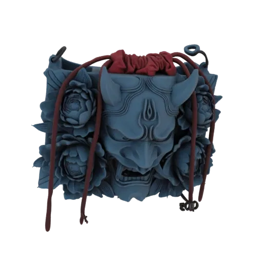 3D model of a blue Oni mask with red drawstring, surrounded by carved peonies against a black background.