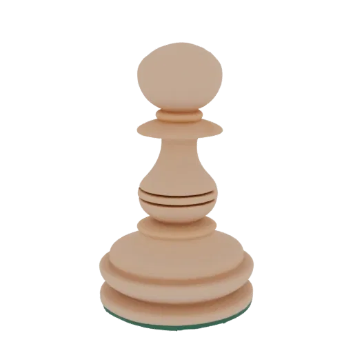 A 3D render of a classic wooden chess pawn with a light wood texture, set against a black background.