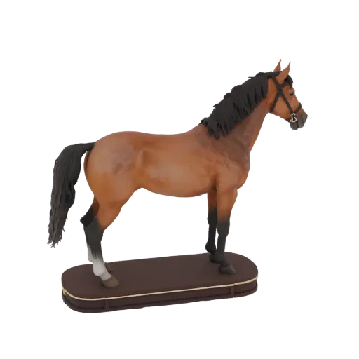 3D model of a brown horse standing on a brown podium with gold trim, on a white background.
