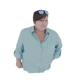 3D-Modell-Rendering einer Frau mit kurzen braunen Haaren, die eine hellblaue Hemdbluse und eine blaue Sonnenbrille auf dem Ko