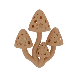 A 3D render of a cluster of four beige mushrooms with intricate circular perforations on their caps, set against a white back