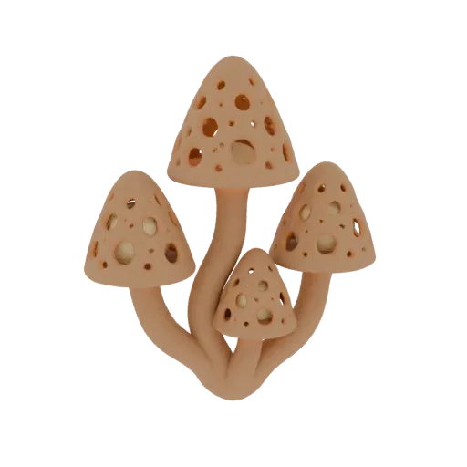 Ein 3D-Rendering eines Clusters aus vier beigen Pilzen mit komplexen kreisförmigen Perforationen auf ihren Kappen, vor einem