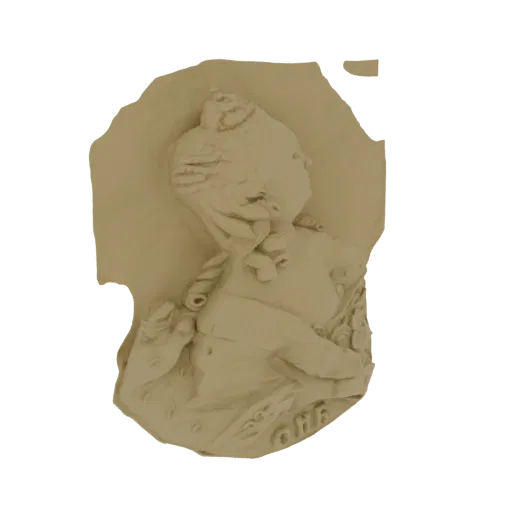 3D model of Empress Catherine the Great in a bas-relief style, showing her profile with elaborate hair and clothing.