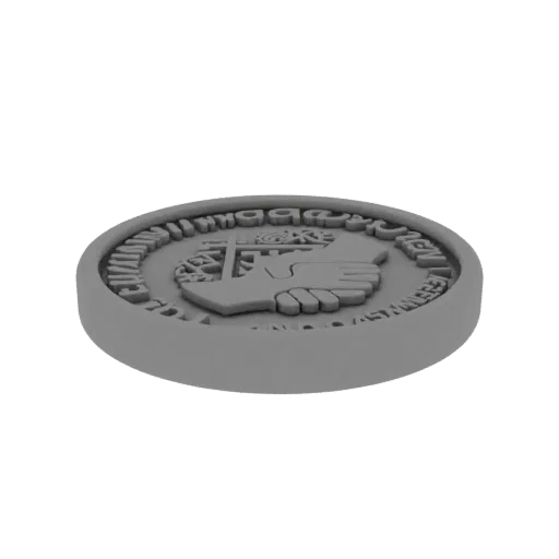 3D render of a grey ancient coin with a raised hand and cross emblem and surrounding inscriptions.