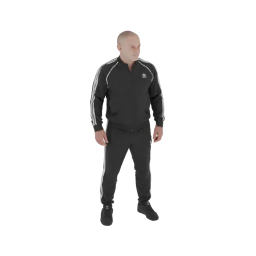 3D model of a bald man wearing a black Adidas tracksuit with white stripes, standing and looking to the side.