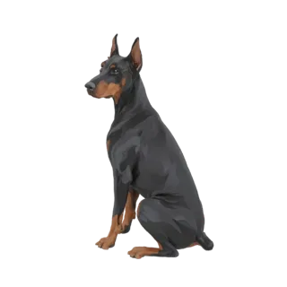 3D model of a black and tan Doberman Pinscher dog sitting attentively, viewed from the side.