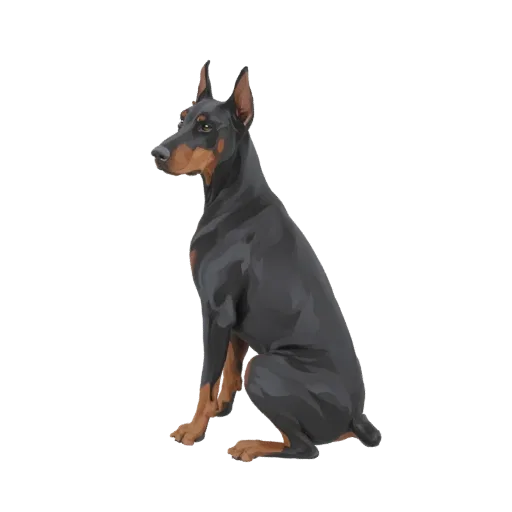 Modelo 3D de um cão Doberman preto e castanho sentado atentamente, visto de lado.