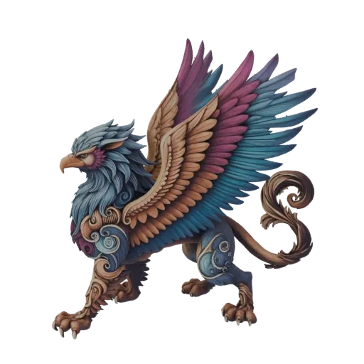 A 3D model of a mythical griffin with large, ornate wings in shades of blue, purple, and gold, standing on a white background