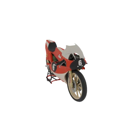 3D-Modell eines Oldtimer-Rennmotorrads in Rot-Weiß mit Startnummer 6 vorne.