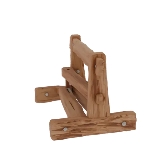 3D model of a wooden shelf bracket with rough wood texture and metal bolts