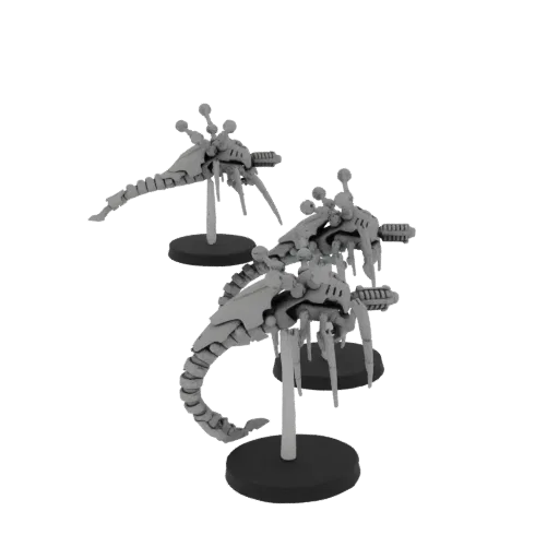 3D model of three Necron Tomb Blades, fast-attack skimmers with gauss weaponry, posed dynamically on flight stands.