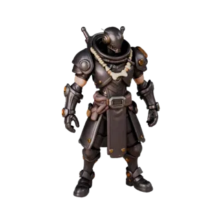 Personaggio 3D Mercante NPC Corazzato Cyberpunk, vista viewport motore, asset stilizzato con posa in piedi; Modello Personagg