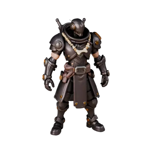 Personaggio 3D Mercante NPC Corazzato Cyberpunk, vista viewport motore, asset stilizzato con posa in piedi; Modello Personagg