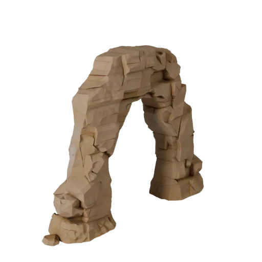 Sandstone Arch Rock Low Poly 3D model, game viewport three-quarter view, showing stratified stone, dune ridges.