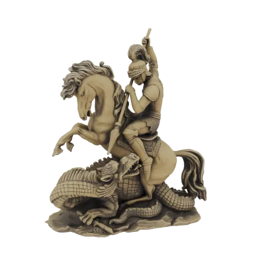 3D model render of Saint George on horseback, spearing a dragon.
