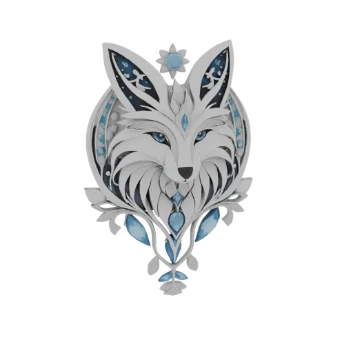 3D model of an Arctic Fox's head, depicted in a layered, white and blue art style with crystalline accents, designed as wall
