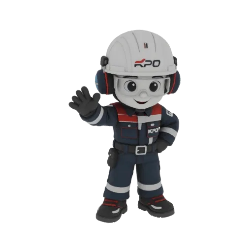 3D model of the KPO mascot character waving, wearing a hard hat and work uniform.