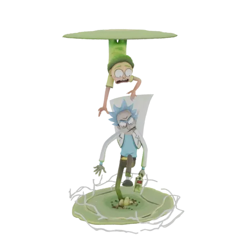 3D model of Rick Sanchez and Morty Smith jumping through a green interdimensional portal, with Rick in front and Morty dangli