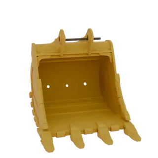 3D model of a yellow excavator bucket with sharp teeth, viewed from a slightly elevated front angle against a black backgroun