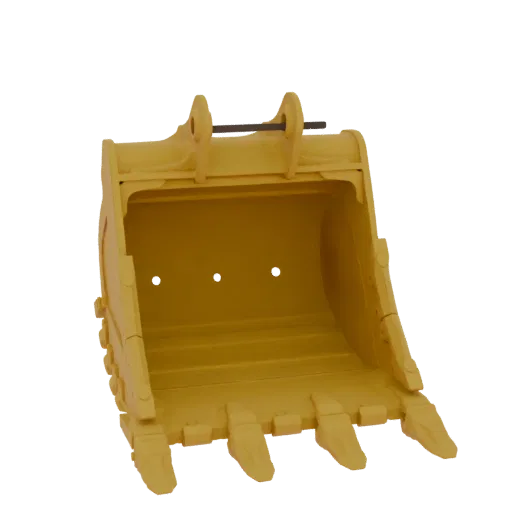 3D model of a yellow excavator bucket with sharp teeth, viewed from a slightly elevated front angle against a black backgroun