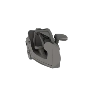 3D model of a gray, open-top sports car viewed from a three-quarter angle, showing its interior and side profile.