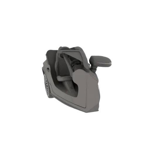 Modelo 3D de un coche deportivo descapotable gris visto desde un ángulo de tres cuartos, mostrando su interior y perfil later