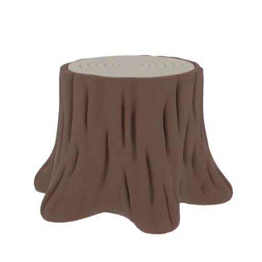 A 3D render of a stylized brown tree stump with a light-colored top, isolated on a white background.