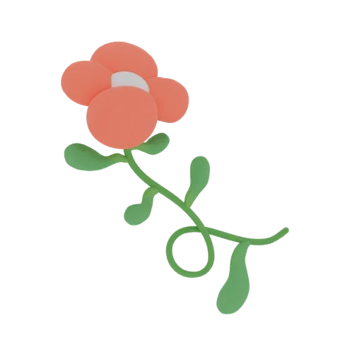 Un rendu 3D d'une fleur orange stylisée avec une tige verte sinueuse et des feuilles, sur fond blanc.