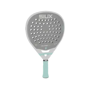 3D model of a Siux Valkiria Pro 2026 Padel Racket with a grey head and a mint green grip.