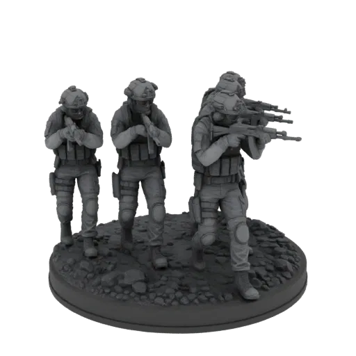3D model of a modern military squad advancing with rifles, detailed tactical gear, and realistic terrain base.