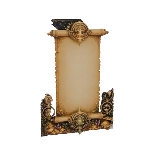 3D model of a decorative scroll frame with celestial and nature motifs, featuring a tree of life and a star emblem.