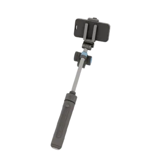3D model of a selfie tripod with a smartphone holder, dark gray with blue accents, on a white background