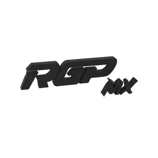 3D model of the RGP MX logo, featuring bold black embossed letters on a white background.