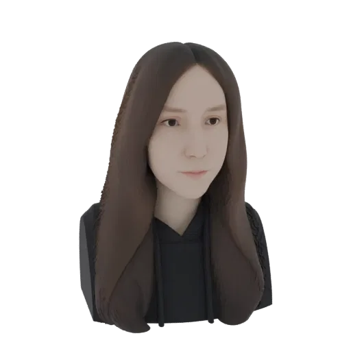 3D model render of a young woman with long, flowing brown hair, wearing a dark hoodie, looking slightly to the side.