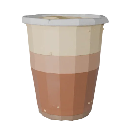 Cafe Coffee Cup Low Poly 3D model, game viewport three-quarter view, showing glass, container shape.