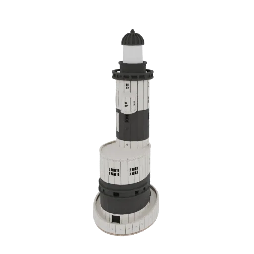 3D model of a classic lighthouse with alternating black and white bands, a domed top, and a wide circular base.
