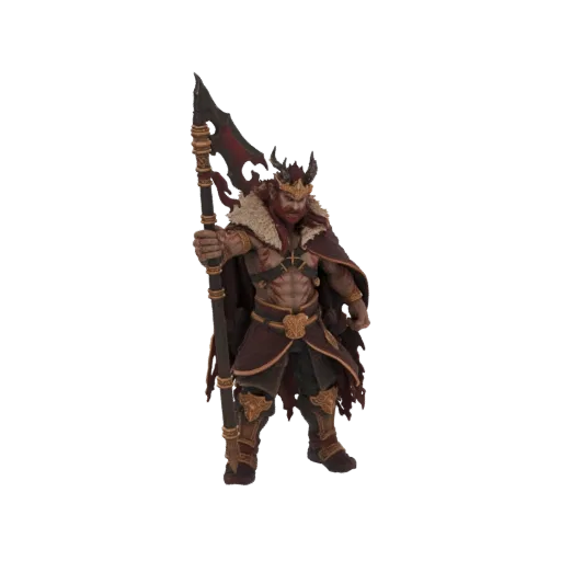 3D model of a fierce Viking King with a fur-lined cloak, crown, and a large battle axe, standing ready for battle.