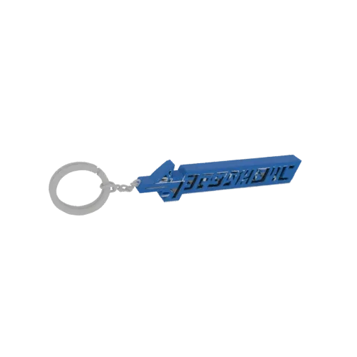 3D render of a blue stylized sword keychain with geometric cutouts and a silver ring attached by a chain.